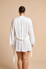 Sidney Robe Ivory by Kat the Label, satin robe with lace trim and tie waist, a timeless trendy piece perfect for bridal mornings or lounging.