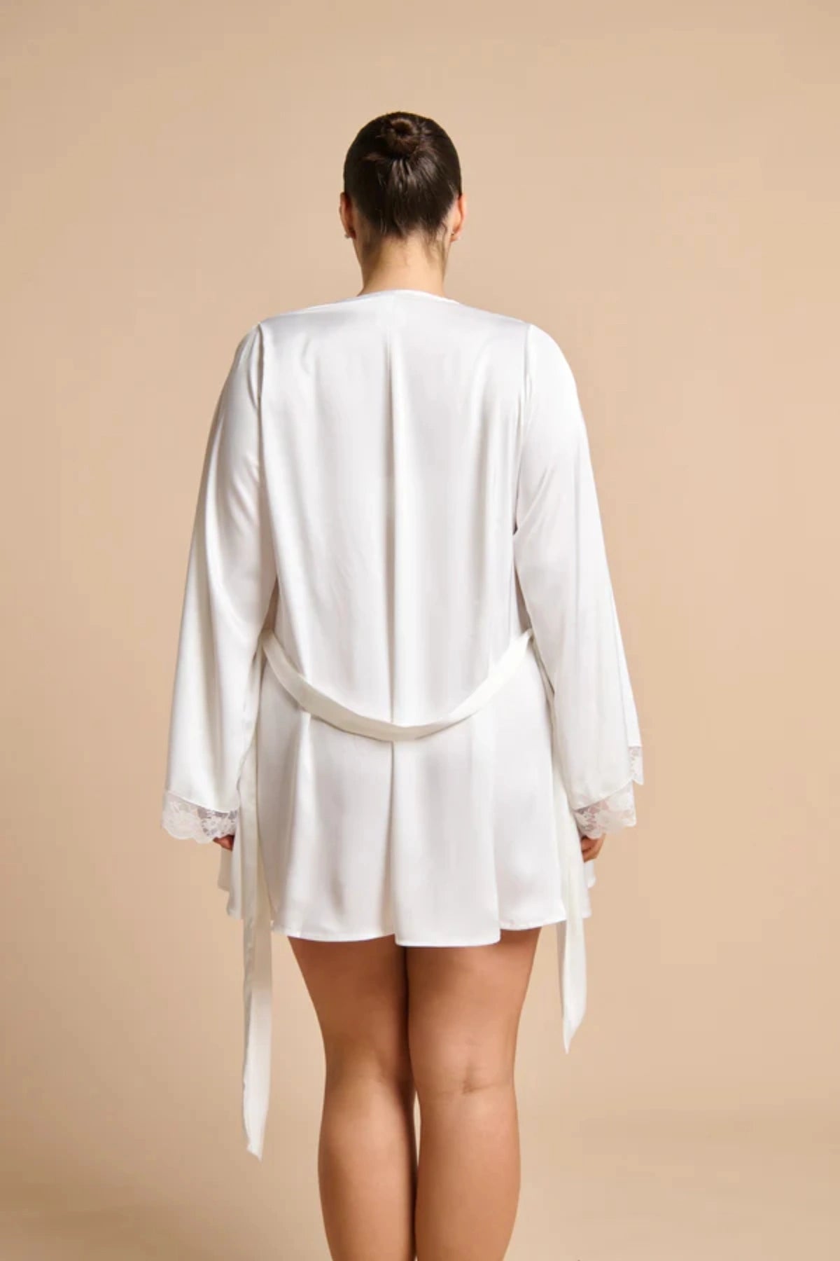 Sidney Robe Ivory by Kat the Label, satin robe with lace trim and tie waist, a timeless trendy piece perfect for bridal mornings or lounging.