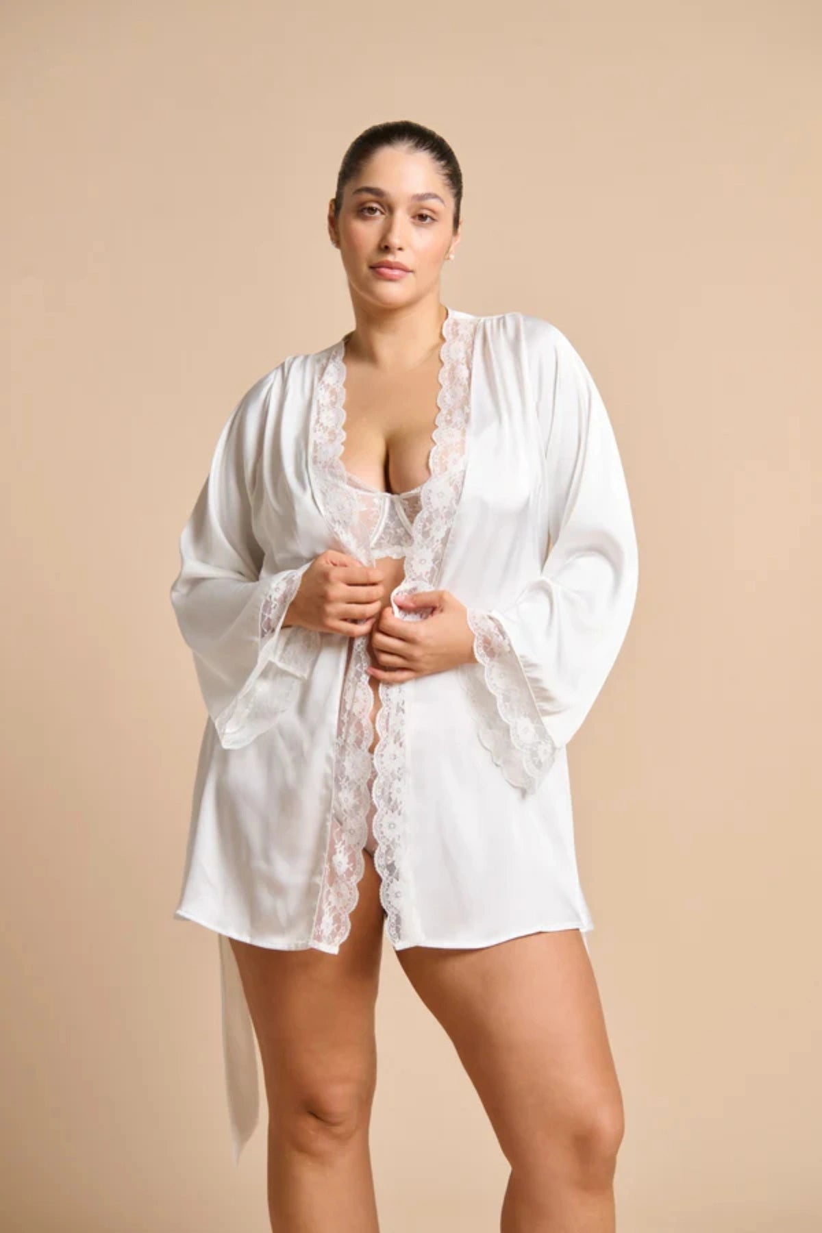Sidney Robe Ivory by Kat the Label, satin robe with lace trim and tie waist, a timeless trendy piece perfect for bridal mornings or lounging.
