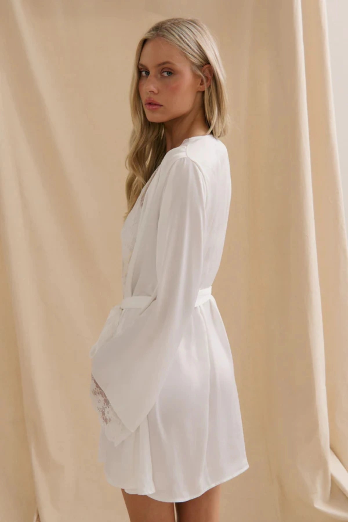 Sidney Robe Ivory by Kat the Label, satin robe with lace trim and tie waist, a timeless trendy piece perfect for bridal mornings or lounging.