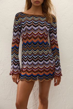 Sierra Mini Dress Cadaqués Stripe by Faithfull the Brand - striped knit mini dress with boat neckline, designed for a relaxed summer look.