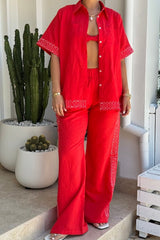 Sig Linen Shirt Scarlet by Summi Summi – a boxy shirt with embroidered trim and relaxed fit. Perfect for everyday styling.