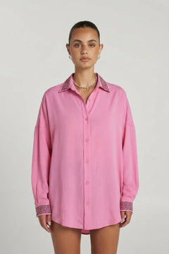 Sig Long Sleeve Shirt Petal by Summi Summi – oversized cupro rayon shirt with button front and fluid drape.