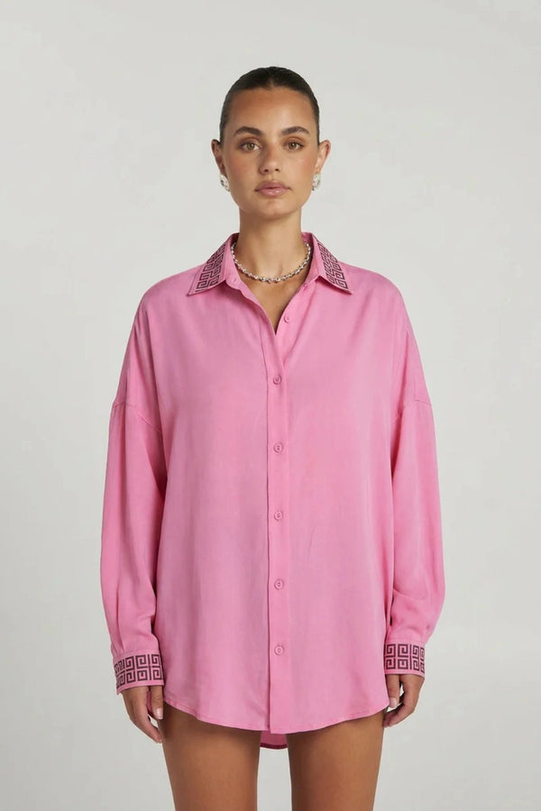 Sig Long Sleeve Shirt Petal by Summi Summi – oversized cupro rayon shirt with button front and fluid drape.