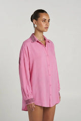 Sig Long Sleeve Shirt Petal by Summi Summi – oversized cupro rayon shirt with button front and fluid drape.
