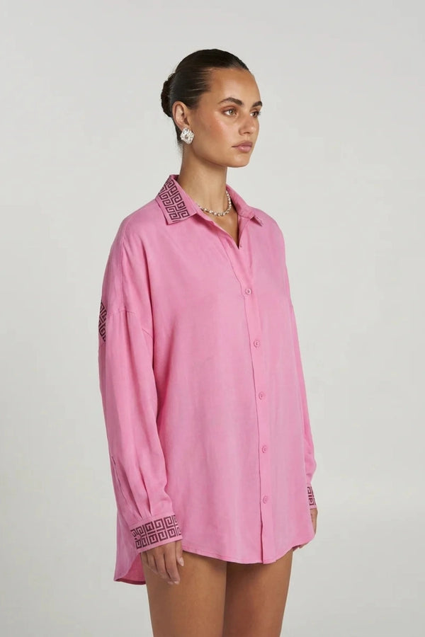 Sig Long Sleeve Shirt Petal by Summi Summi – oversized cupro rayon shirt with button front and fluid drape.
