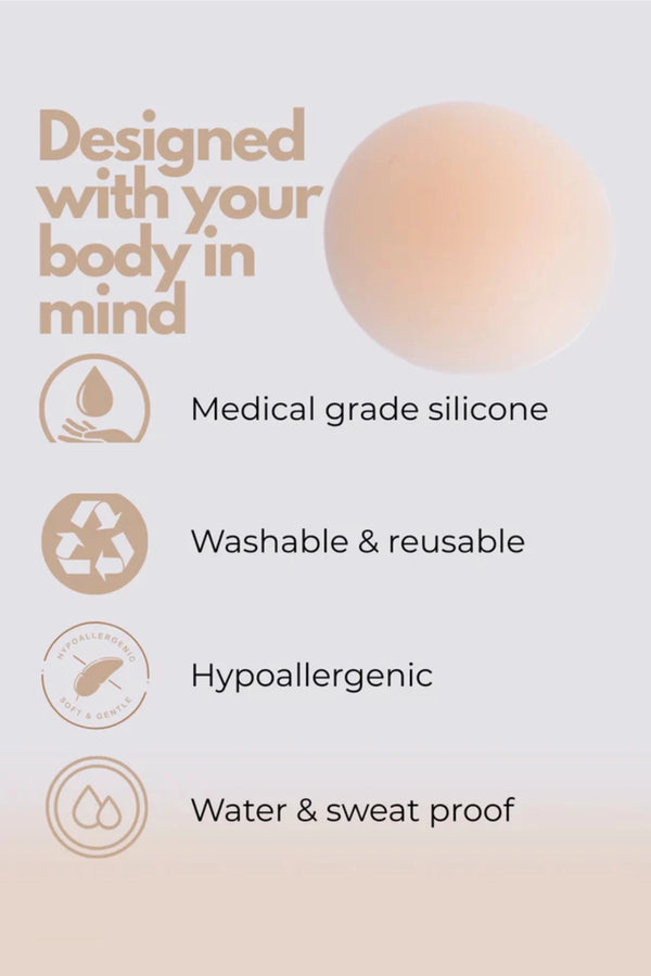Silicone Nipple Covers Non Adhesive by Bzez - seamless reusable silicone covers with curved contour fit for invisible wear under fitted clothing.