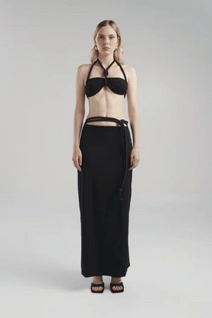 Sinara Maxi Skirt by Maygel Coronel, ruched maxi skirt with adjustable waist detail. Perfect for beach coverups or evening looks.