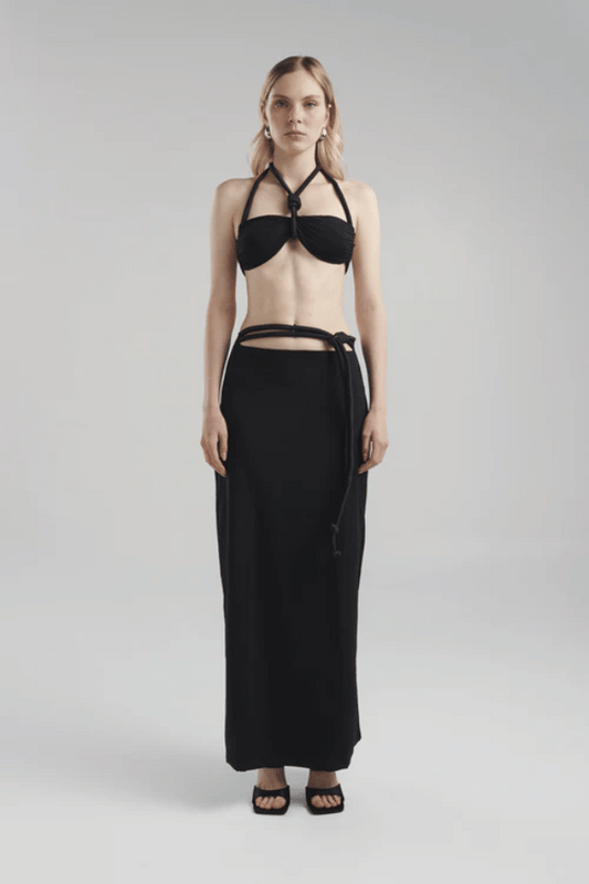 Sinara Maxi Skirt by Maygel Coronel, ruched maxi skirt with adjustable waist detail. Perfect for beach coverups or evening looks.
