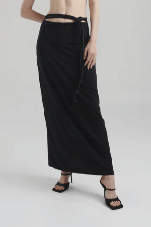 Sinara Maxi Skirt by Maygel Coronel, ruched maxi skirt with adjustable waist detail. Perfect for beach coverups or evening looks.