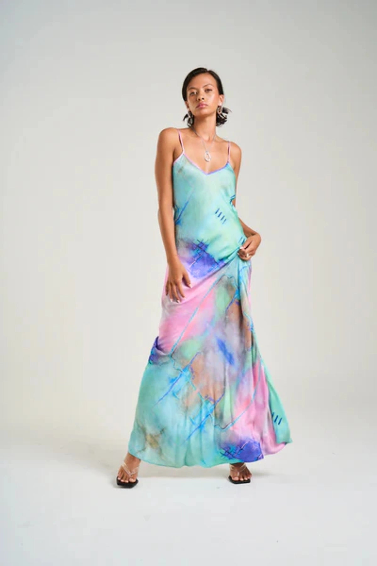 Siren Maxi Dress H2O by Summi Summi, bias-cut maxi with hand-painted abstract print and adjustable straps, a trendy piece perfect for day or night wear.