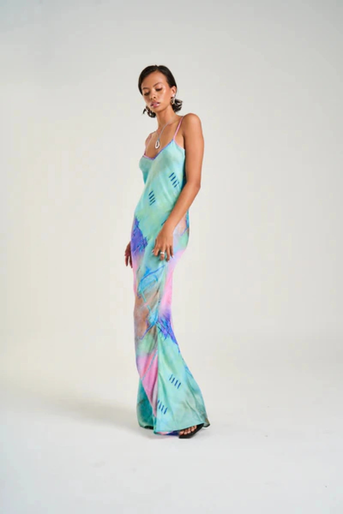 Siren Maxi Dress H2O by Summi Summi, bias-cut maxi with hand-painted abstract print and adjustable straps, a trendy piece perfect for day or night wear.