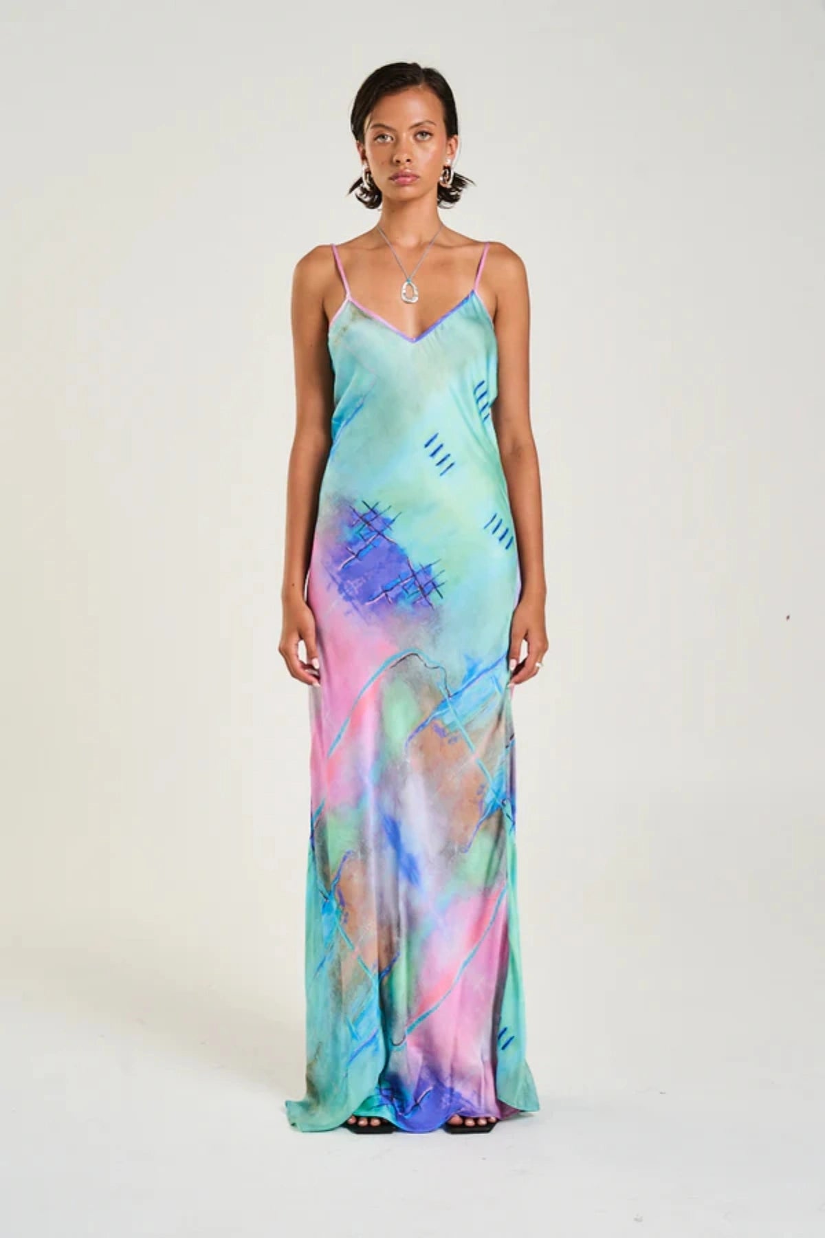 Siren Maxi Dress H2O by Summi Summi, bias-cut maxi with hand-painted abstract print and adjustable straps, a trendy piece perfect for day or night wear.