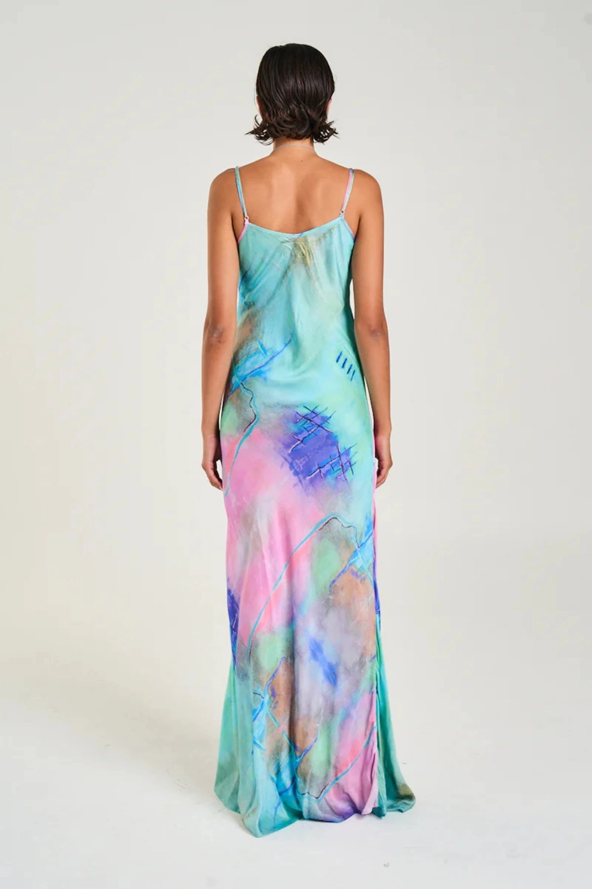 Siren Maxi Dress H2O by Summi Summi, bias-cut maxi with hand-painted abstract print and adjustable straps, a trendy piece perfect for day or night wear.