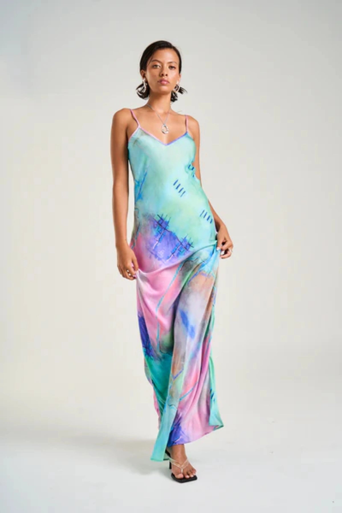 Siren Maxi Dress H2O by Summi Summi, bias-cut maxi with hand-painted abstract print and adjustable straps, a trendy piece perfect for day or night wear.