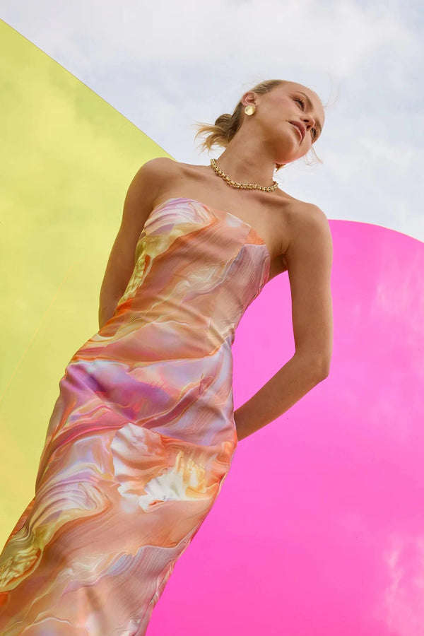 Siren Strapless Midi by PASDUCHAS, a sculptural strapless taffeta midi with pearlescent print. Perfect for formal events or parties.