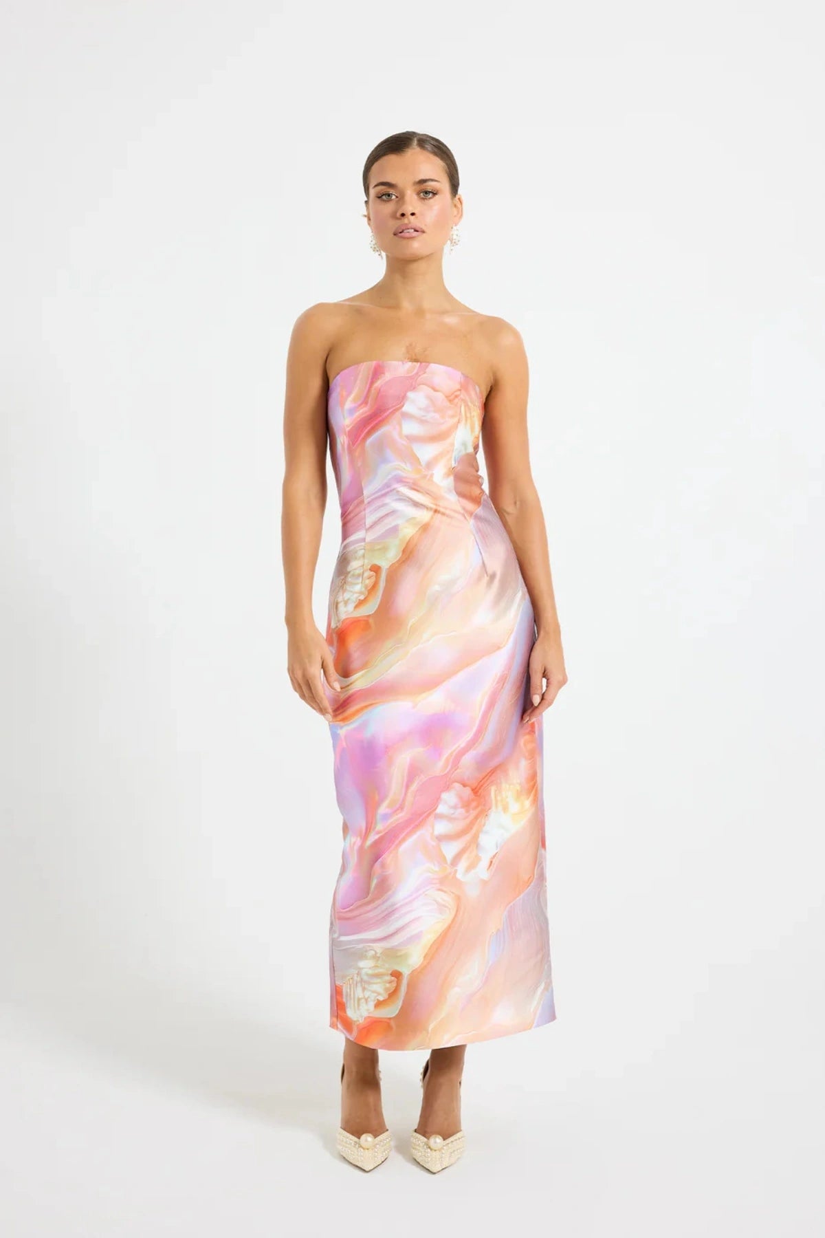 Siren Strapless Midi by PASDUCHAS, a sculptural strapless taffeta midi with pearlescent print. Perfect for formal events or parties.