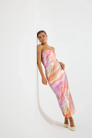 Siren Strapless Midi by PASDUCHAS, a sculptural strapless taffeta midi with pearlescent print. Perfect for formal events or parties.