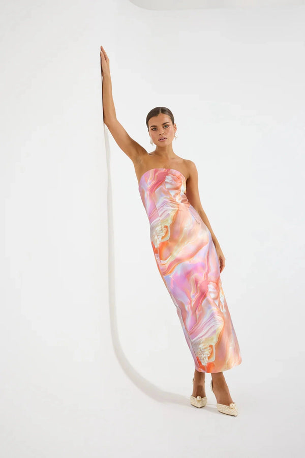 Siren Strapless Midi by PASDUCHAS, a sculptural strapless taffeta midi with pearlescent print. Perfect for formal events or parties.