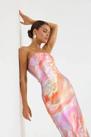 Siren Strapless Midi by PASDUCHAS, a sculptural strapless taffeta midi with pearlescent print. Perfect for formal events or parties.