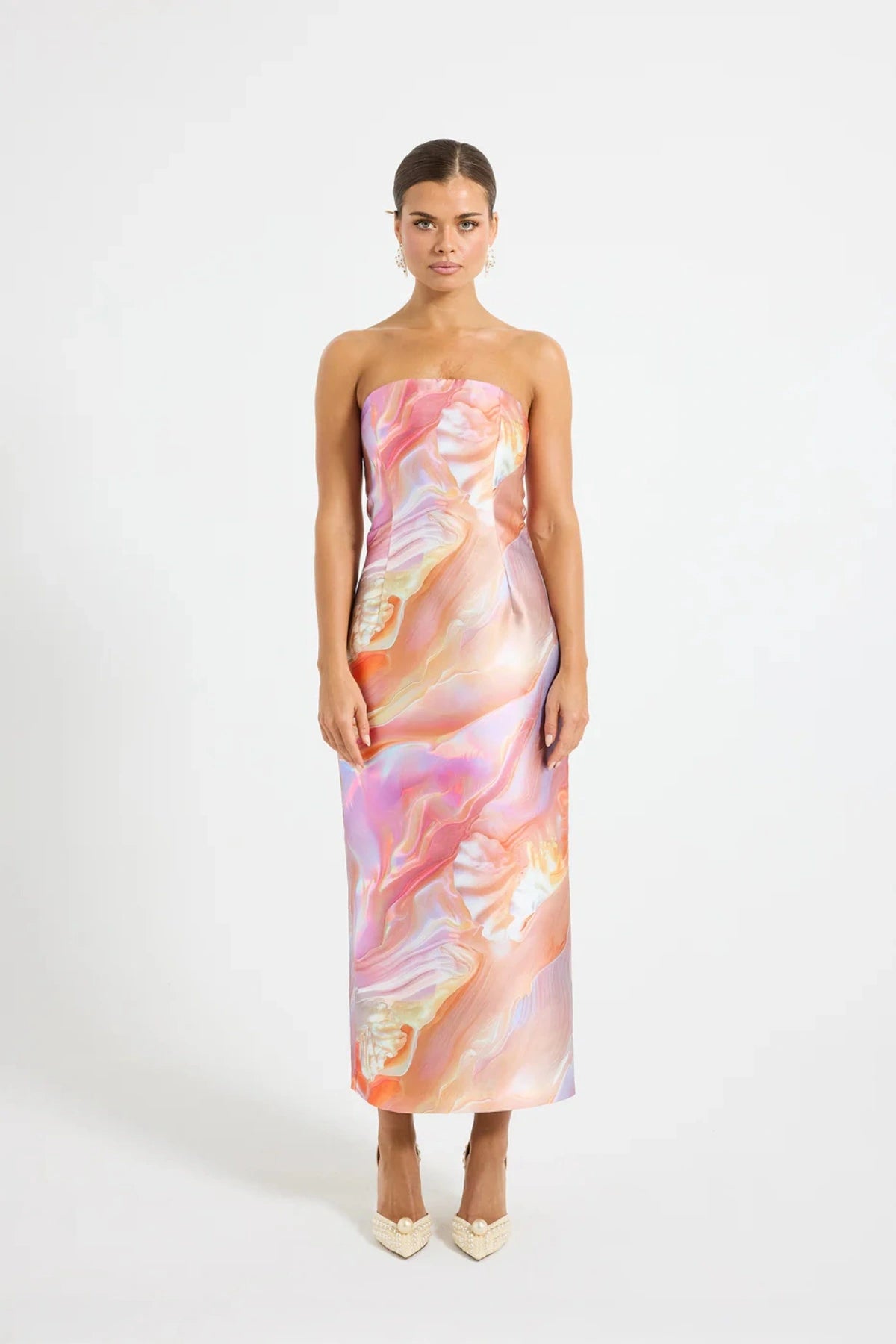 Siren Strapless Midi by PASDUCHAS, a sculptural strapless taffeta midi with pearlescent print. Perfect for formal events or parties.