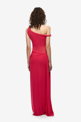 Sisal Mesh Dress Bright Rose by Misha - draped mesh maxi dress with twisted off-shoulder neckline and waterfall sash, perfect for day-to-night styling.