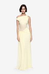  Sisal Mesh Dress Lemon by MISHA – an off-shoulder mesh maxi with draped sash and sheer panels. Perfect for standout events.