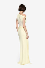 Sisal Mesh Dress by Misha, sheer lemon mesh with goddess-style draping and floor-length sash. Perfect for chic day-to-evening looks.