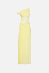 The Sisal Mesh Dress by MISHA, a lemon sheer mesh maxi with goddess-inspired draping and off-shoulder twist. Perfect for event wear.