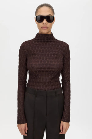 Sissil Top Chocolate by Camilla and Marc - long sleeve jersey top with funnel neck, designed for a clean modern silhouette.