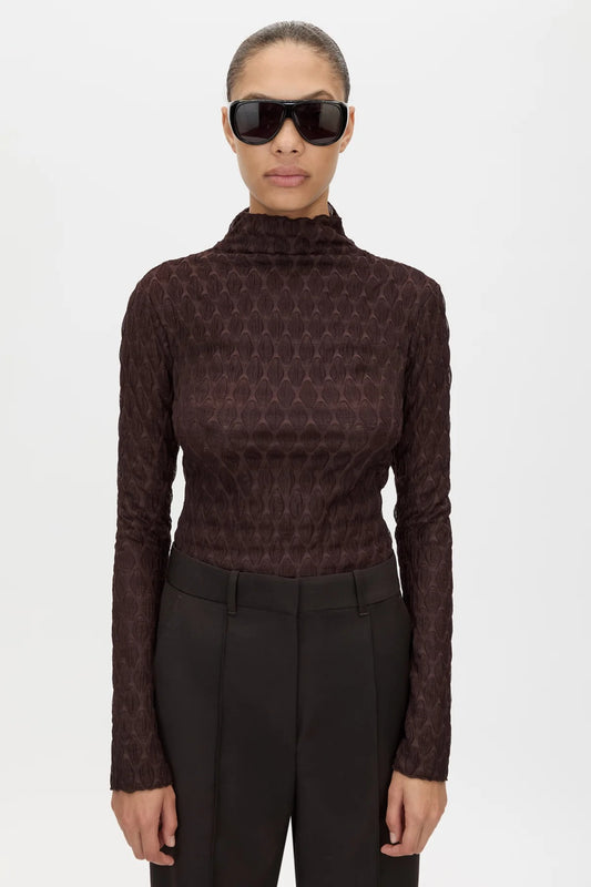 Sissil Top Chocolate by Camilla and Marc - long sleeve jersey top with funnel neck, designed for a clean modern silhouette.