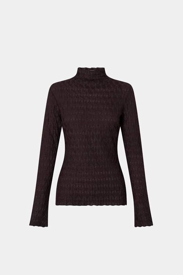 Sissil Top Chocolate by Camilla and Marc - long sleeve jersey top with funnel neck, designed for a clean modern silhouette.