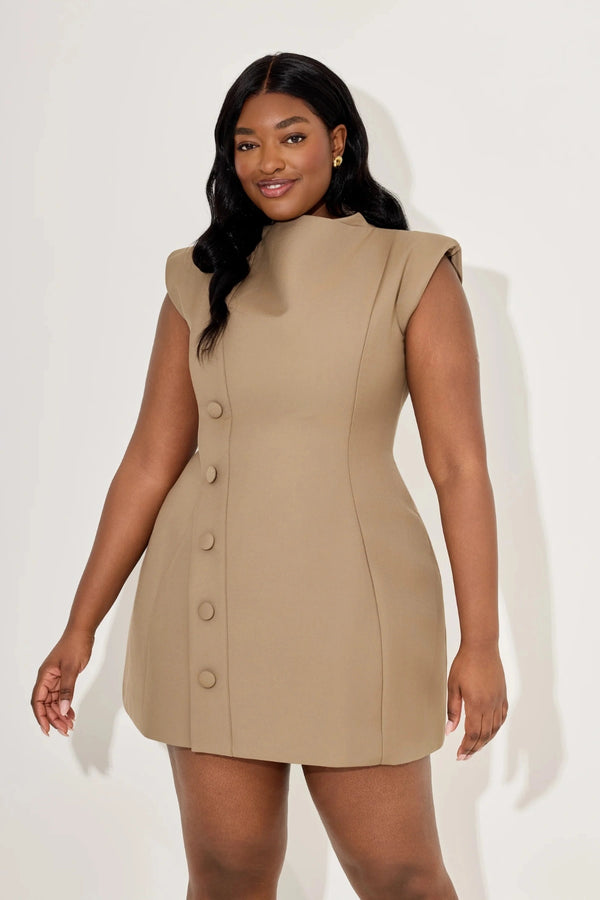 Sleeveless Button Detail Mini Dress by Odd Muse, tailored fit with signature cinch and button detail. Perfect for year-round occasions.
