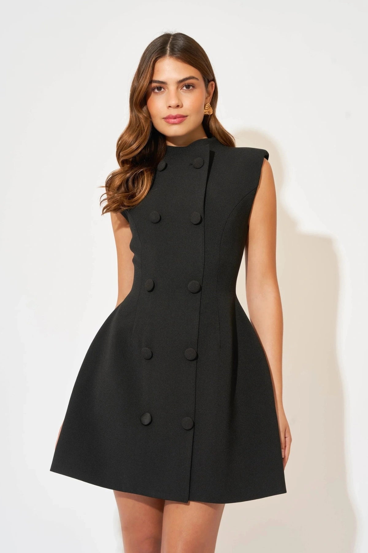 Sleeveless Button Mini Dress by Odd Muse — a tailored sleeveless mini with a button front and cinched waist, perfect for polished evening wear.