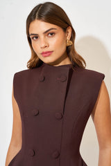 Sleeveless Button Mini Dress in Fig by Odd Muse — a tailored sleeveless mini with a button front and cinched waist, perfect for polished evening wear.