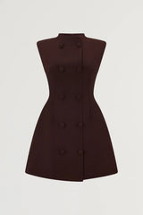 Sleeveless Button Mini Dress in Fig by Odd Muse — a tailored sleeveless mini with a button front and cinched waist, perfect for polished evening wear.