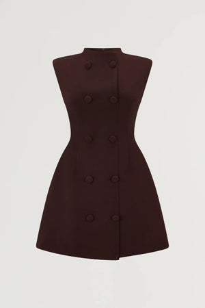 Sleeveless Button Mini Dress in Fig by Odd Muse — a tailored sleeveless mini with a button front and cinched waist, perfect for polished evening wear.