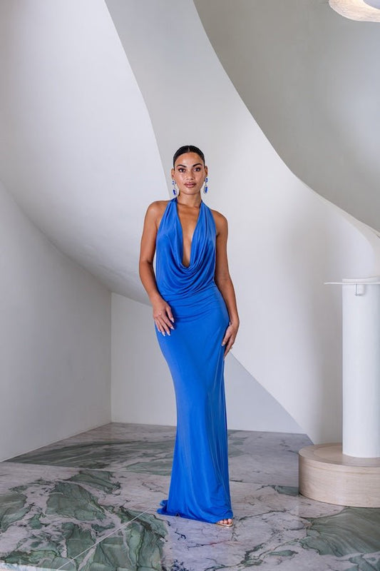 Saint Plunge Maxi Dress Sapphire by Sneaky Link – Trendy halter neck dress with a daring plunge, silky cupro fabric, perfect for elegant evenings and standout events.