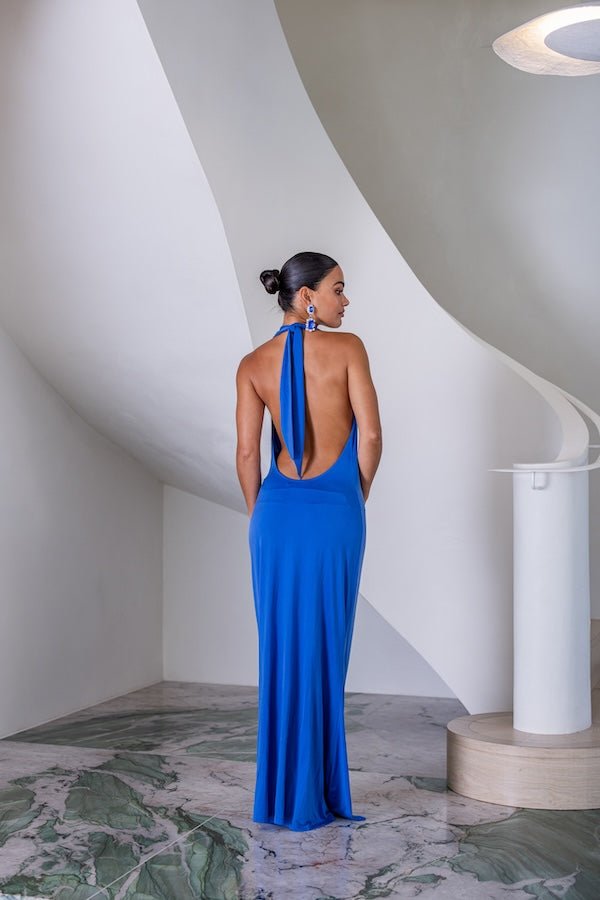Saint Plunge Maxi Dress Sapphire by Sneaky Link – Trendy halter neck dress with a daring plunge, silky cupro fabric, perfect for elegant evenings and standout events.