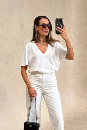 Sneaky Link Carter V Neck Tee White, a relaxed boxy cotton tee with short sleeves and flattering V neckline, perfect for effortless everyday wear.