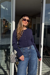 Frances Cardigan Navy by Sneaky Link, soft viscose blend with high scoop neck, long sleeves, and button front, perfect for any outfit.