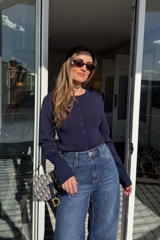 Frances Cardigan Navy by Sneaky Link, soft viscose blend with high scoop neck, long sleeves, and button front, perfect for any outfit.