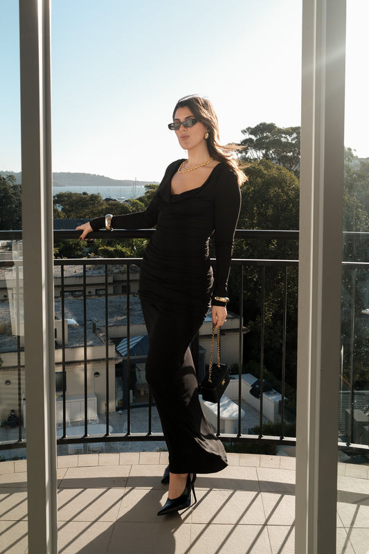 Hunter Long Sleeve Maxi Dress Black by Sneaky Link, sleek spandex blend with cowl neckline and draped waist for bold evenings.