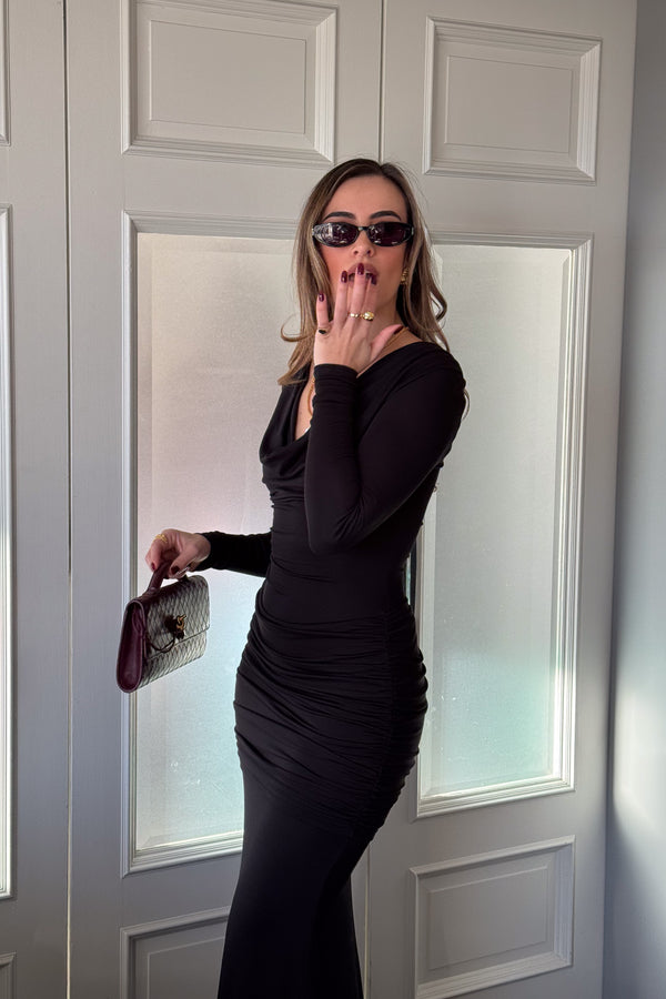 Hunter Long Sleeve Maxi Dress Black by Sneaky Link, sleek spandex blend with cowl neckline and draped waist for bold evenings.