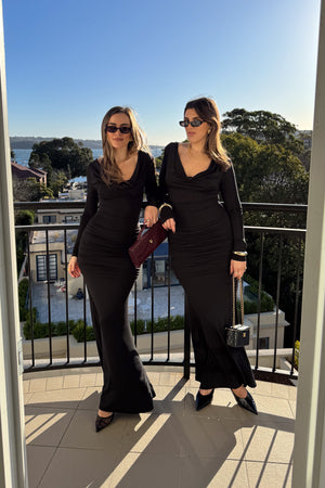 Hunter Long Sleeve Maxi Dress Black by Sneaky Link, sleek spandex blend with cowl neckline and draped waist for bold evenings.