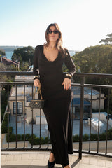 Hunter Long Sleeve Maxi Dress Black by Sneaky Link, sleek spandex blend with cowl neckline and draped waist for bold evenings.