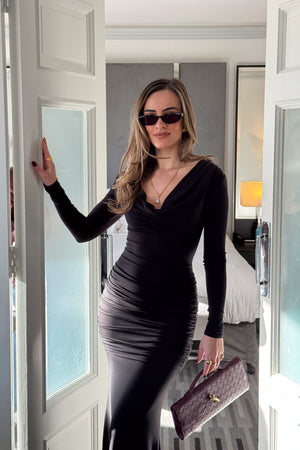 Hunter Long Sleeve Maxi Dress Black by Sneaky Link, sleek spandex blend with cowl neckline and draped waist for bold evenings.