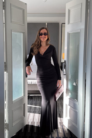 Hunter Long Sleeve Maxi Dress Black by Sneaky Link, sleek spandex blend with cowl neckline and draped waist for bold evenings.