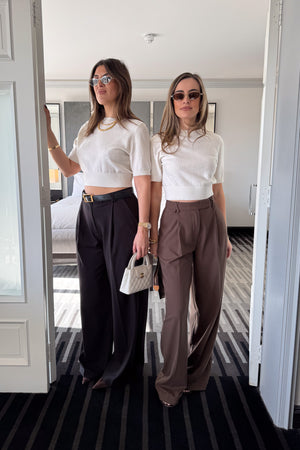 Niamh Knit Top White by Sneaky Link, a cropped knit tee with relaxed short sleeves, ribbed finishes, and a high scoop neckline — versatile for office styling or casual chic looks.