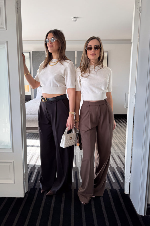 Niamh Knit Top White by Sneaky Link, a cropped knit tee with relaxed short sleeves, ribbed finishes, and a high scoop neckline — versatile for office styling or casual chic looks.